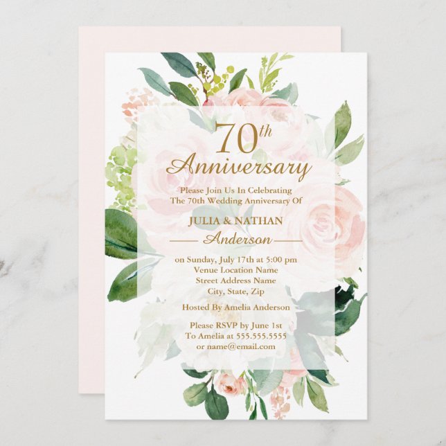 Elegant Pink Peach Bloom 70th Wedding Anniversary Invitation (Front/Back)
