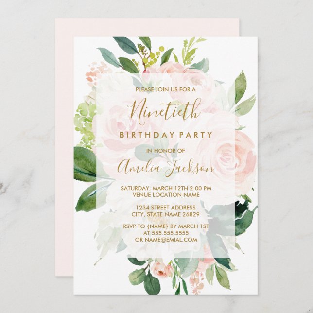 Elegant Pink Peach Bloom 90th Birthday Party Invitation (Front/Back)