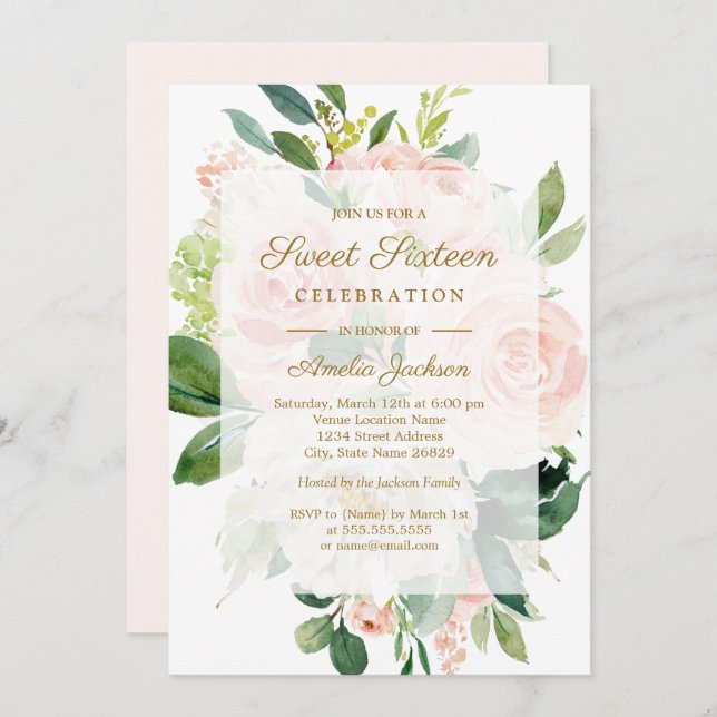 Elegant Pink Peach Bloom Sweet Sixteen Invitation (Front/Back)