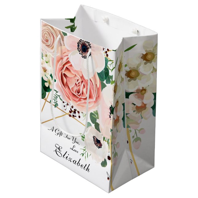 Elegant Pink Peach Floral Blush Flowers  Medium Gift Bag (Front Angled)