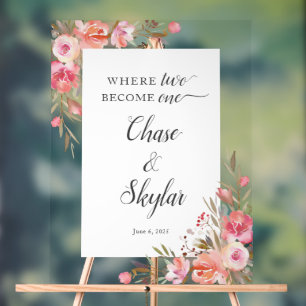 Elegant Pink Peach Floral Watercolor Wedding Gold Acrylic Sign