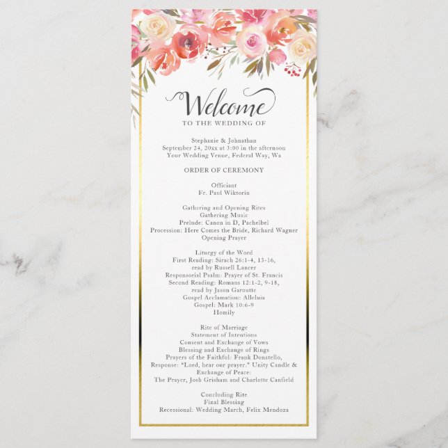 Elegant Pink Peach Floral Watercolor Wedding Program (Front)