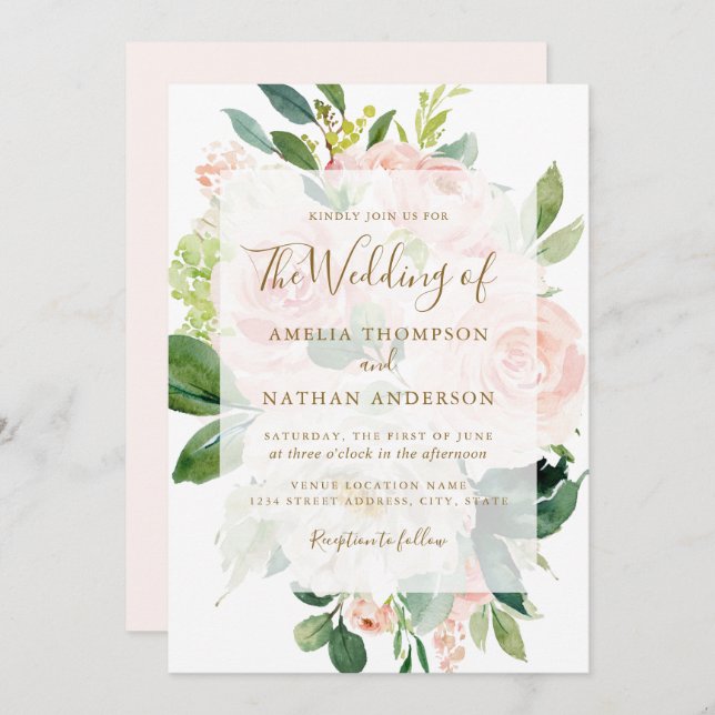 Elegant Pink Peach Gold Bloom Wedding Invitation (Front/Back)