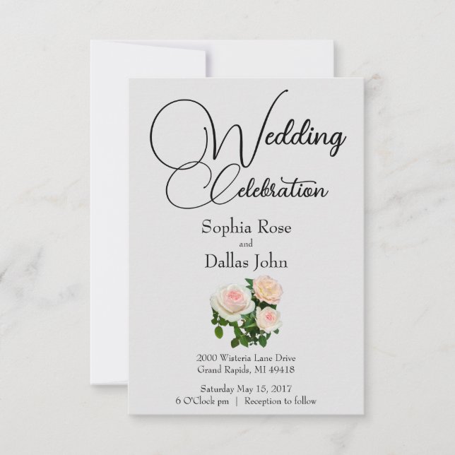 Elegant pink peach white roses invitation (Front)