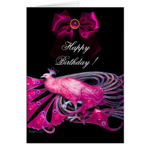 ELEGANT PINK PEACOCK,BOW,GEM STONE,Happy Birthday