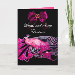 ELEGANT PINK PEACOCK, GEM STONES AND CHRISTMAS BOW HOLIDAY CARD