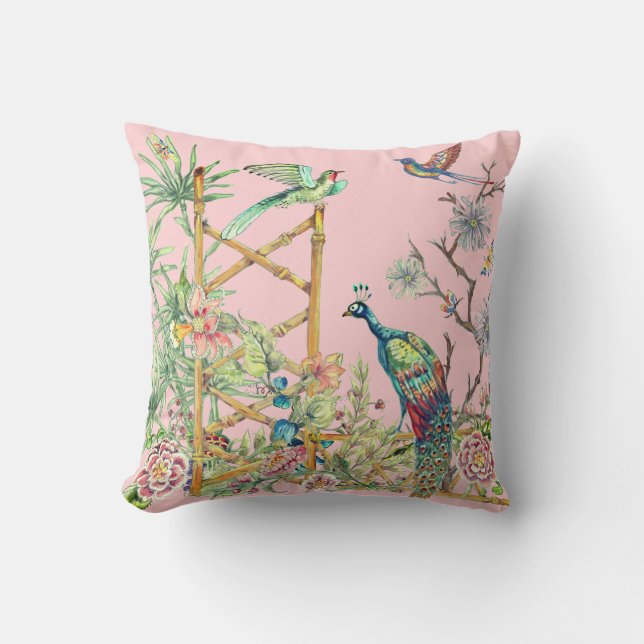 Elegant Pink Peacock in Oriental Flower Garden Cushion (Front)