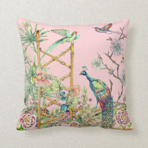 Elegant Pink Peacock in Oriental Flower Garden Cushion