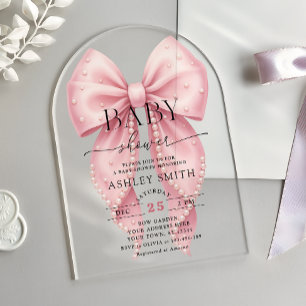 Elegant Pink Pearl Bow Baby Shower Acrylic Invitations