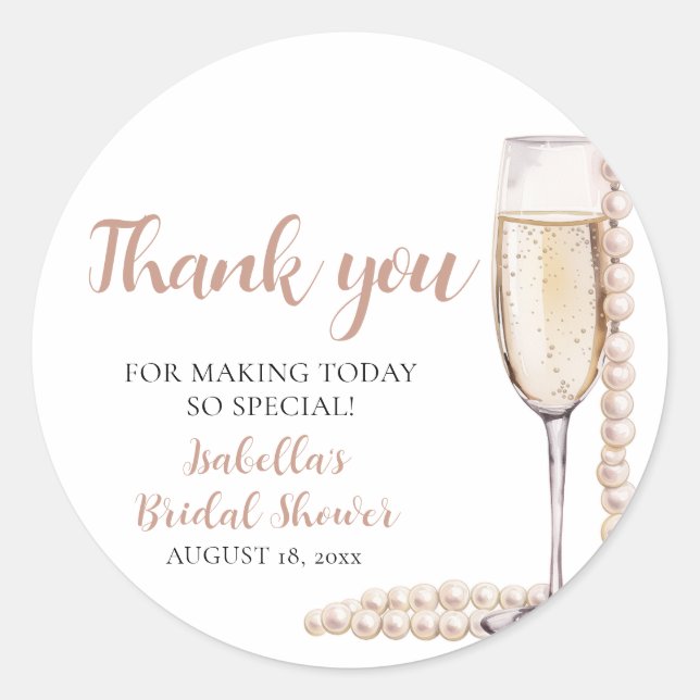 Elegant Pink Pearls and Prosecco Bridal Shower Classic Round Sticker (Front)