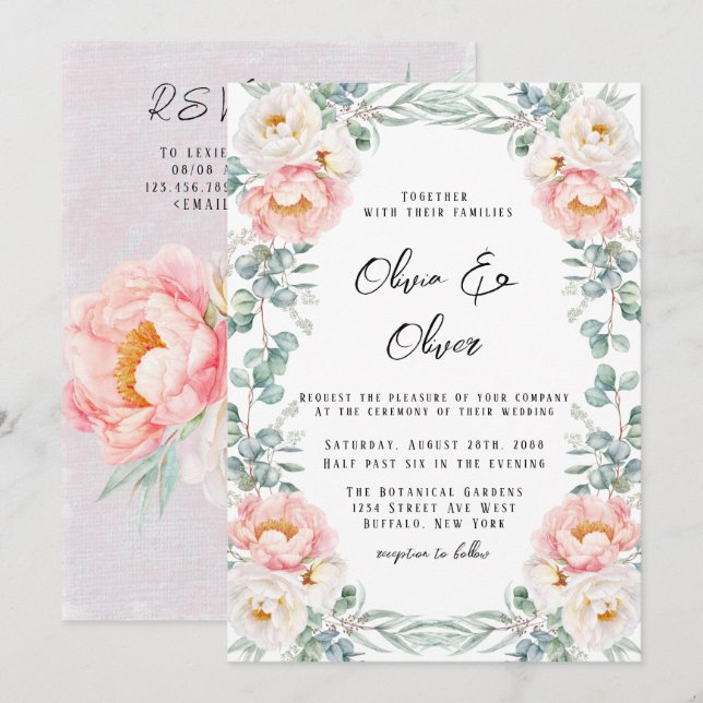 Elegant Pink Peonies and Eucalyptus Wedding  Invitation (Front/Back)