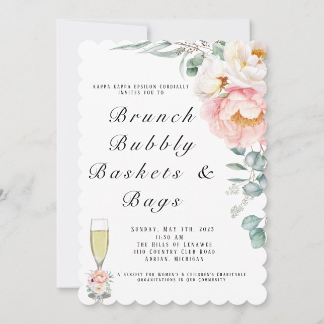 Elegant Pink Peonies Eucalyptus Brunch and Bubbly Invitation (Front)