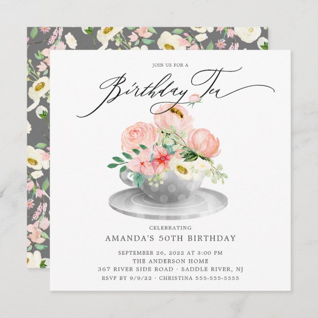 Elegant Pink Peonies Floral Birthday Tea Invitatio Invitation (Front/Back)