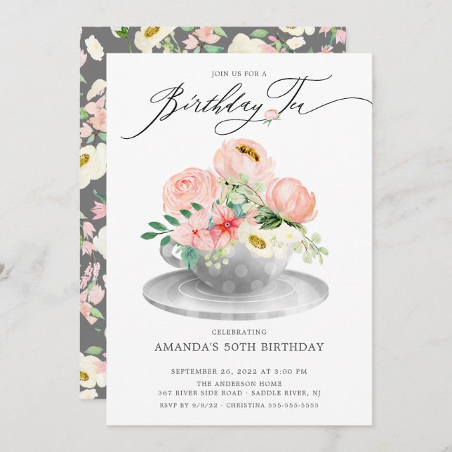 Elegant Pink Peonies Floral Birthday Tea Invitatio Invitation (Front/Back)