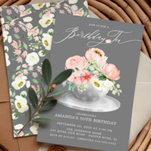 Elegant Pink Peonies Floral Birthday Tea Invitation