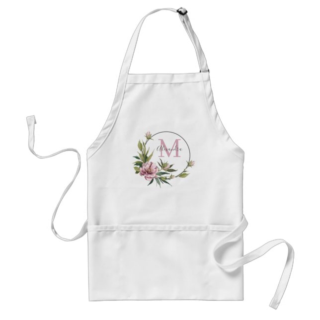 Elegant pink peonies & greenery custom monogram standard apron (Front)