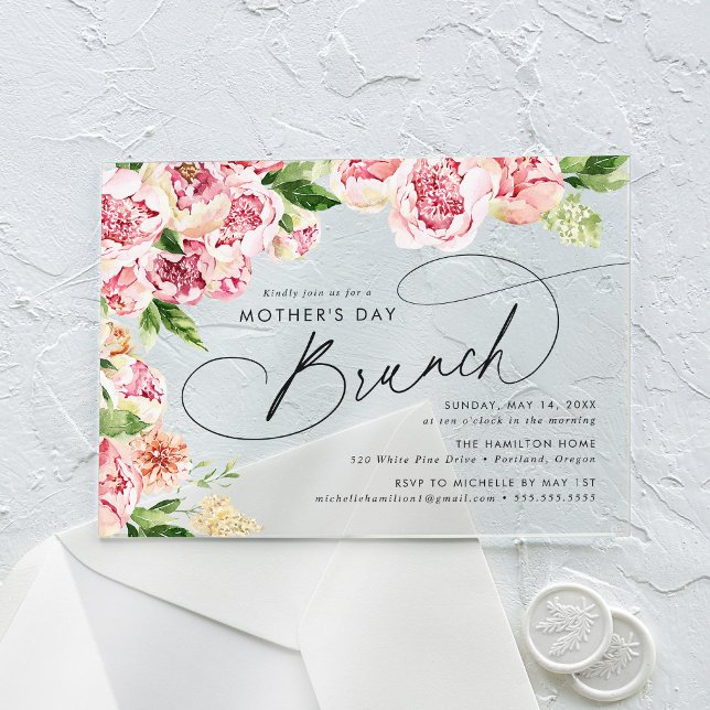 Elegant Pink Peonies Mother's Day Brunch Acrylic Invitations (Creator Uploaded)