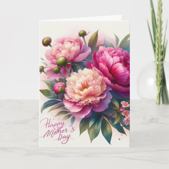 Elegant Pink Peonies Mother's Day Floral  Card (Front)