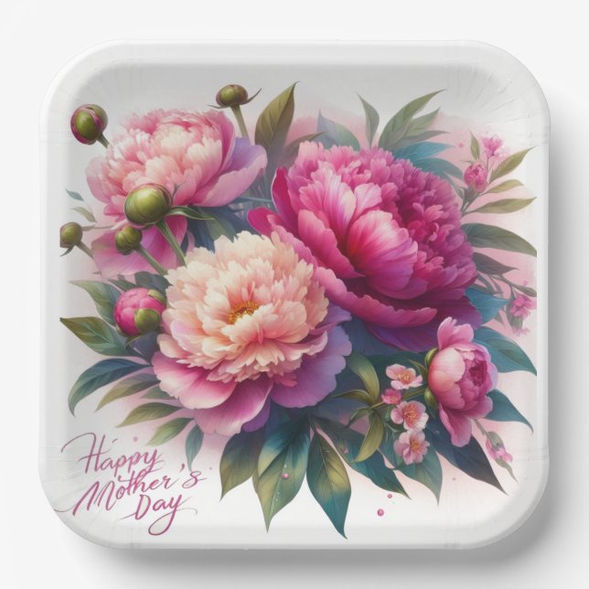 Elegant Pink Peonies Mother's Day Paper Plate (Front)