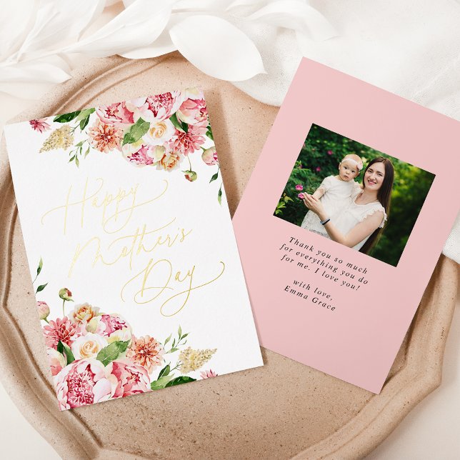 Elegant Pink Peonies Photo Mother's Day Foil Holiday Card (Creator Uploaded)