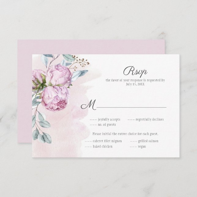 Elegant Pink Peonies Sage Greenery Wedding  RSVP Card (Front/Back)