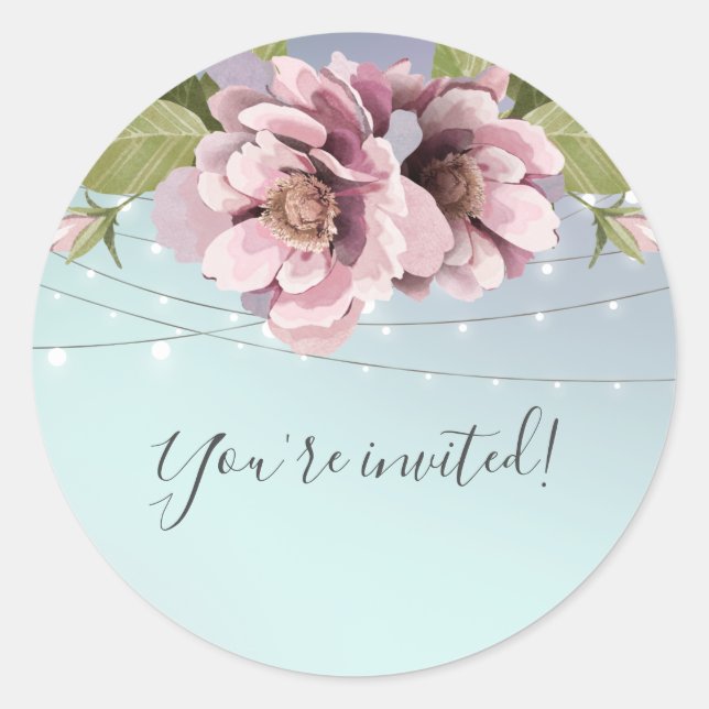 Elegant pink peonies, string lights You're Invited Classic Round Sticker (Front)