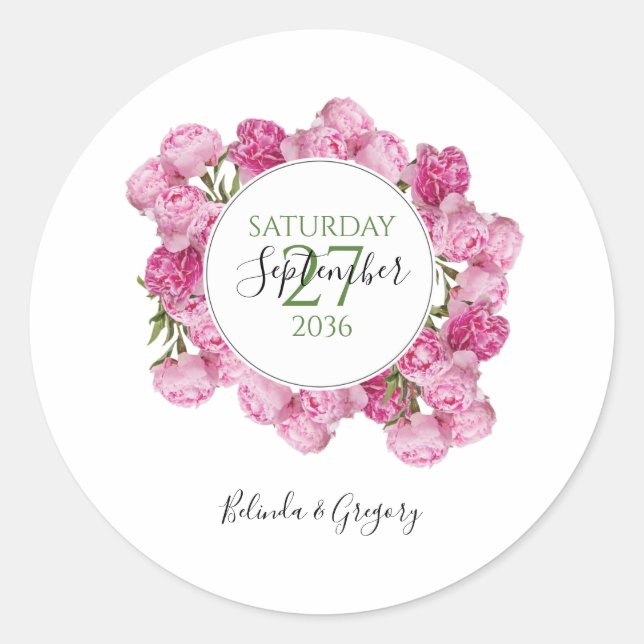 Elegant Pink Peonies Wedding Classic Round Sticker (Front)