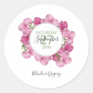 Elegant Pink Peonies Wedding Classic Round Sticker