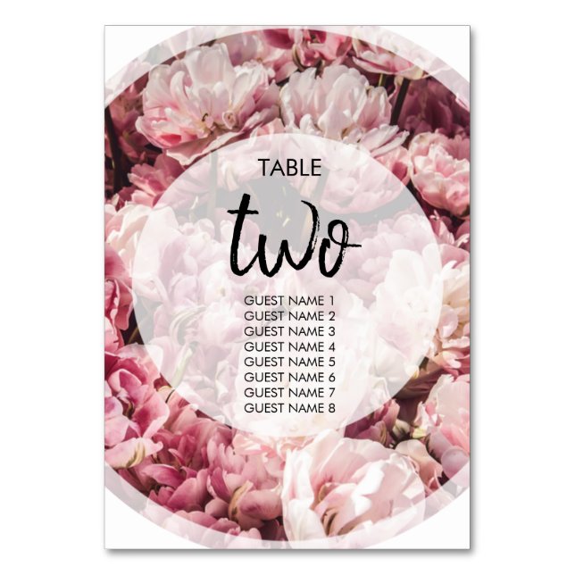 Elegant Pink Peonies Wedding Guest Names Table Number (Front)