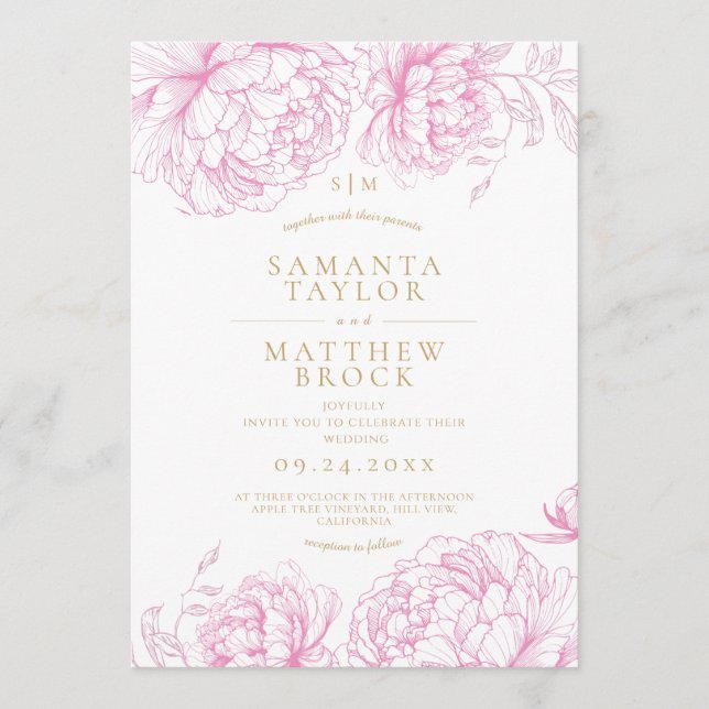 Elegant Pink Peonies Wedding Invitation (Front)