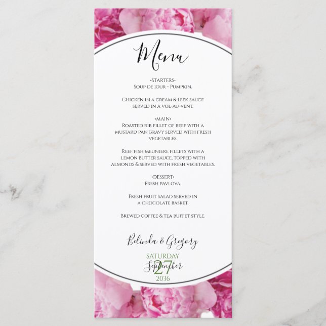 Elegant Pink Peonies Wedding  Menu (Front)