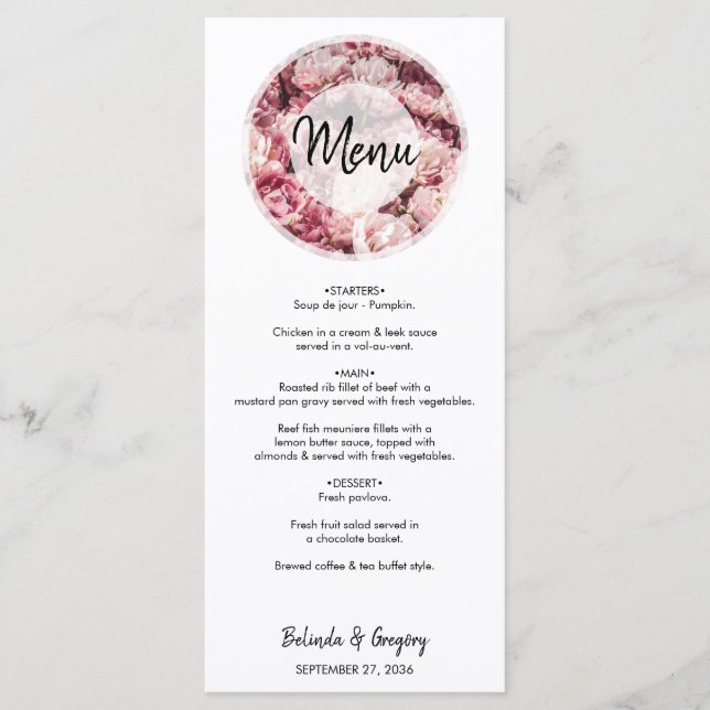 Elegant Pink Peonies Wedding Menu (Front)