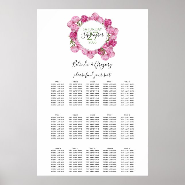Elegant Pink Peonies Wedding Seating Chart (Front)