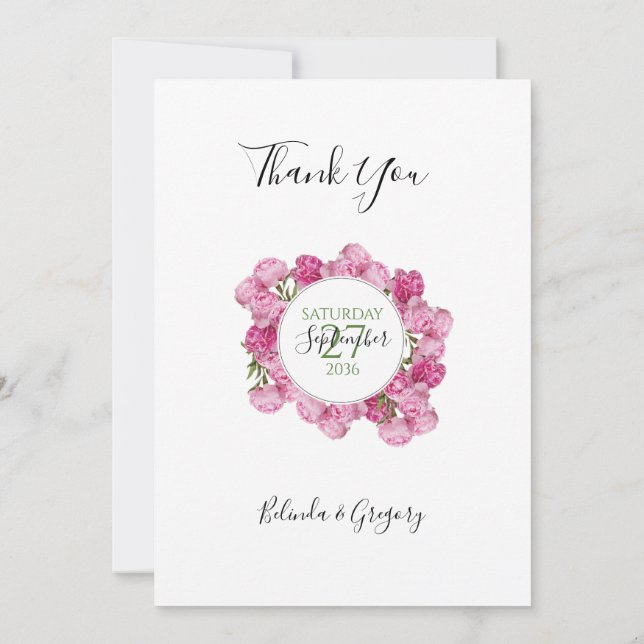 Elegant Pink Peonies Wedding Thank You Card (Back)