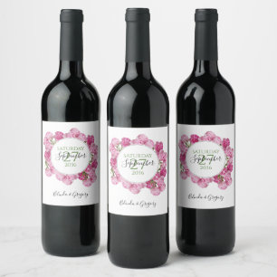 Elegant Pink Peonies Wedding Wine Label
