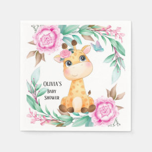 Elegant Pink Peony and a Cute Giraffe Custom Napkin
