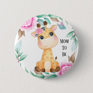 Elegant Pink Peony and a Cute Giraffe Mum To Be 6 Cm Round Badge