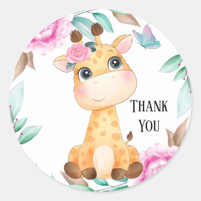 Elegant Pink Peony and a Cute Giraffe Thank You Classic Round Sticker (Front)