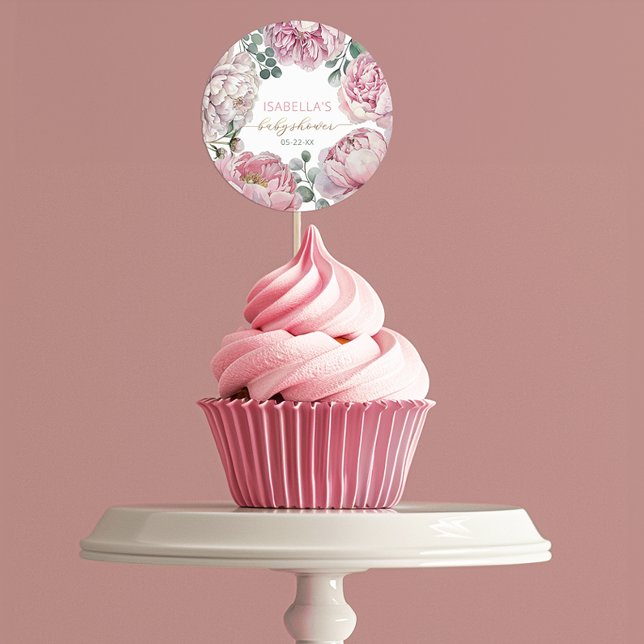 Elegant Pink Peony and Greenery Girl Baby Shower F Classic Round Sticker (Sticker favor for many uses)