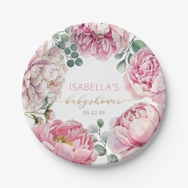 Elegant Pink Peony and Greenery Girl Baby Shower P Paper Plate (Front)