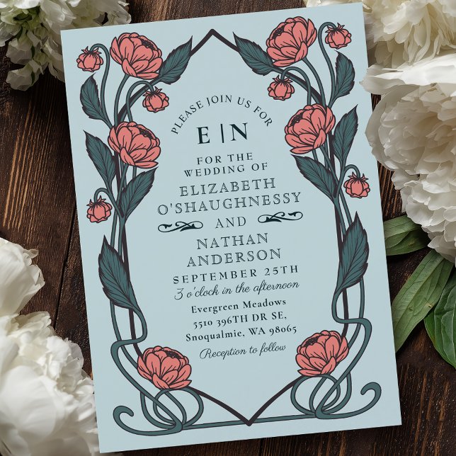 Elegant Pink Peony Art Nouveau Floral Wedding Invitation (Creator Uploaded)