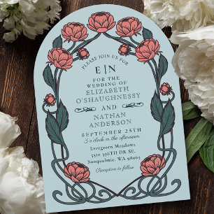 Elegant Pink Peony Art Nouveau Floral Wedding Invitation
