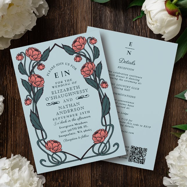 Elegant Pink Peony Art Nouveau QR Code Wedding Invitation (Creator Uploaded)