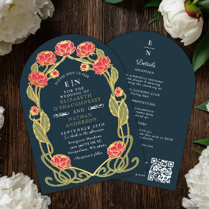 Elegant Pink Peony Art Nouveau Wedding Arch QR Invitation