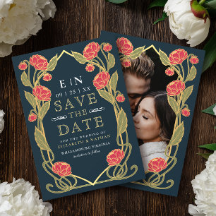 Elegant Pink Peony Art Nouveau Wedding Photo Save The Date