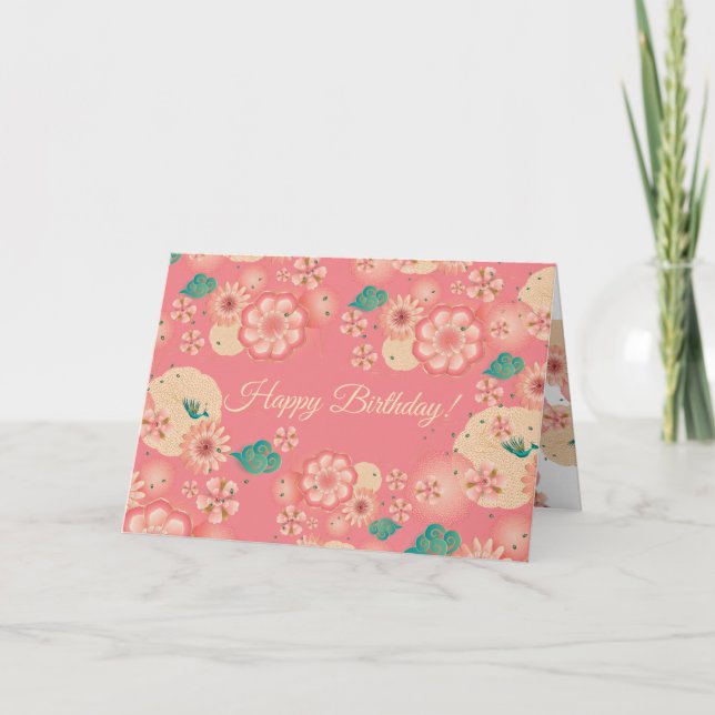 Elegant Pink Peony, Blossom Spring Peach Garden, Card (Front)