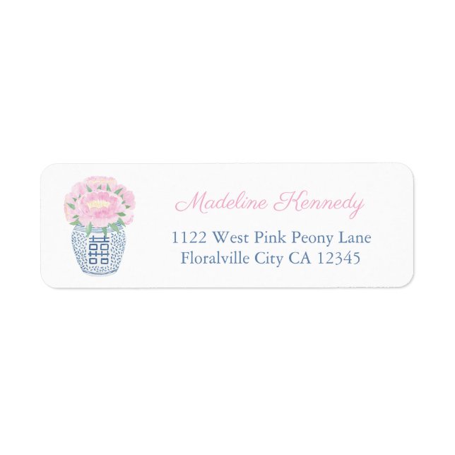 Elegant Pink Peony Blue Text Return Address Label (Front)