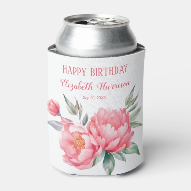 Elegant Pink Peony Botanical Birthday Brunch Can Cooler (Can Front)