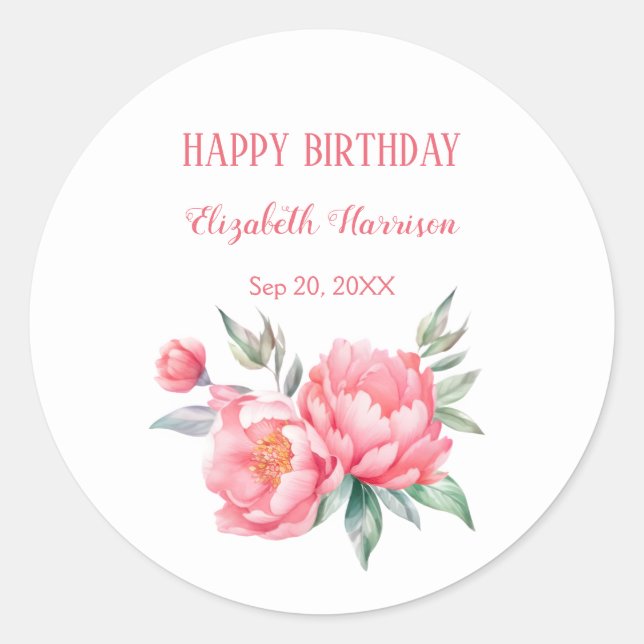 Elegant Pink Peony Botanical Birthday Brunch Classic Round Sticker (Front)