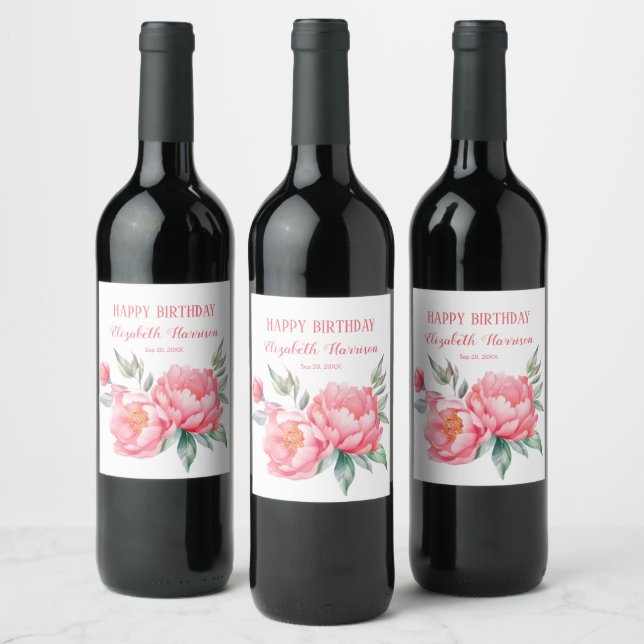 Elegant Pink Peony Botanical Birthday Brunch Wine Label (Bottles)